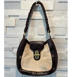 TRINA TURK Vintage Linen Leather Shoulder Bag Purse Cream Brown Braid Strap 90s